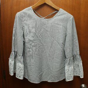 Gray & White Striped Bell Sleeve Blouse